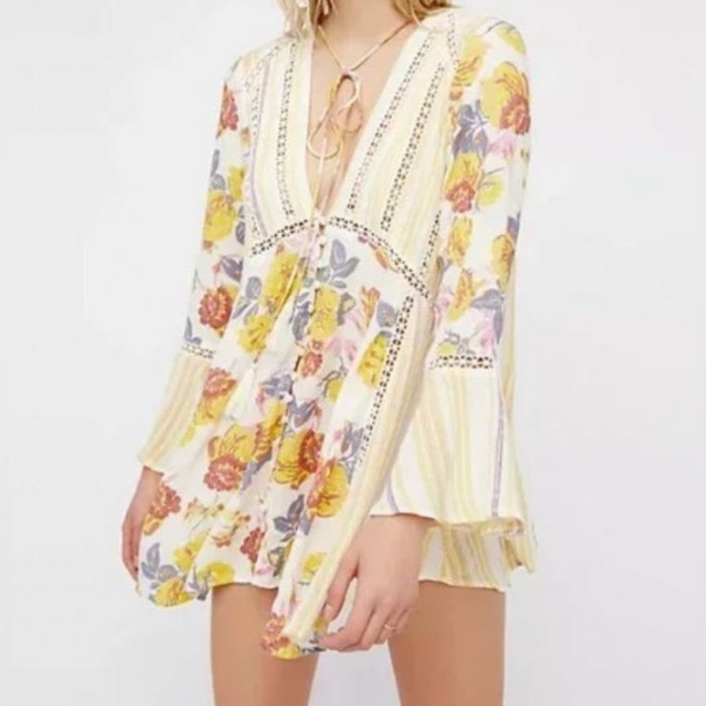 Free People Lovestoned Floral Tunic size Small Crochet Button Down Tassels *read